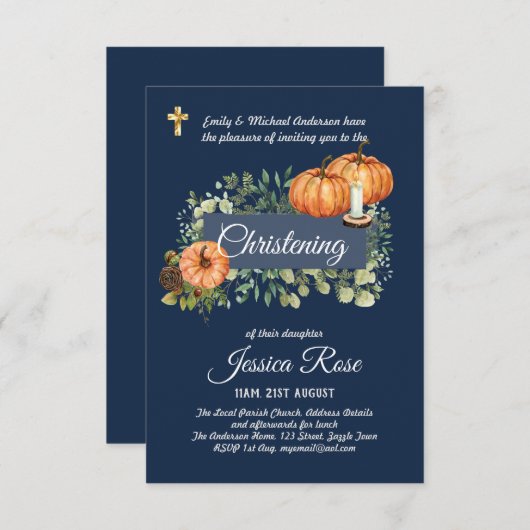 Navy HERFST Christening Invites Baptisme (Voorkant / Achterkant)