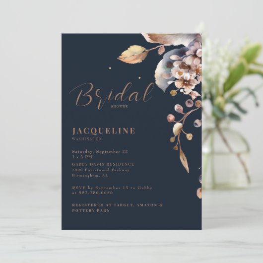 Navy Herfst Foliage Bruids Douche Uitnodiging (Staand voorkant)