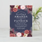 Navy Herfst Marsala Blush Pioen bruiloft uitnodigi Kaart (Staand voorkant)