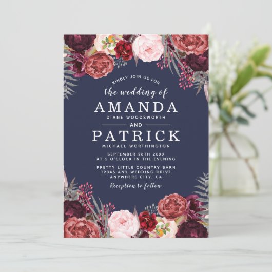 Navy Herfst Marsala Blush Pioen bruiloft uitnodigi Kaart (Staand voorkant)