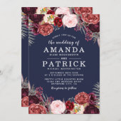 Navy Herfst Marsala Blush Pioen bruiloft uitnodigi Kaart (Voorkant / Achterkant)