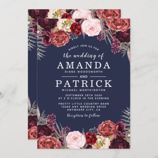Navy Herfst Marsala Blush Pioen bruiloft uitnodigi Kaart (Voorkant / Achterkant)