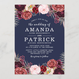 Navy Herfst Marsala Blush Pioen bruiloft uitnodigi Kaart