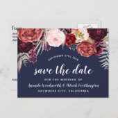 Navy Herfst Marsala Blush Pioen Save The Date Card Aankondigingskaart (Voorkant / Achterkant)