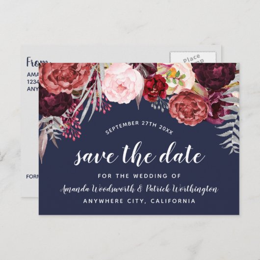 Navy Herfst Marsala Blush Pioen Save The Date Card Aankondigingskaart (Voorkant / Achterkant)
