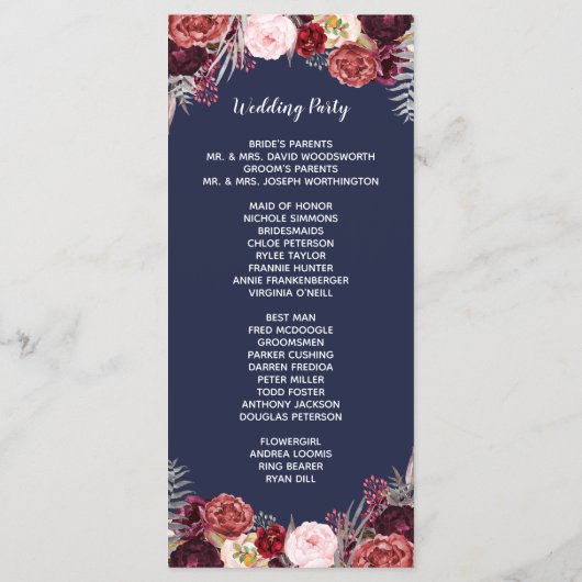 Navy Herfst Marsala Blush Pioen Trouwprogramma's Programmakaart (Achterkant)