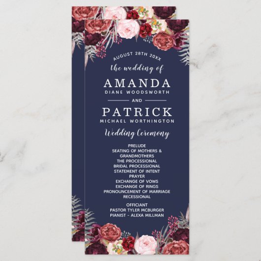 Navy Herfst Marsala Blush Pioen Trouwprogramma's Programmakaart (Voorkant / Achterkant)