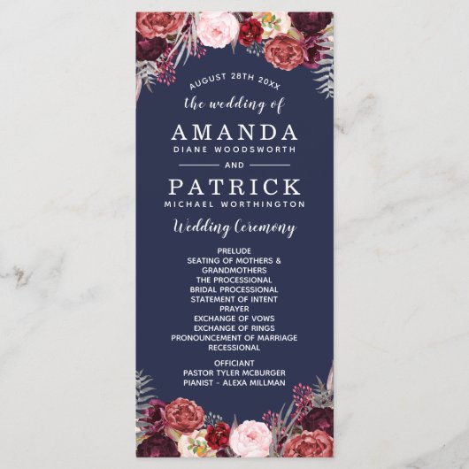 Navy Herfst Marsala Blush Pioen Trouwprogramma's Programmakaart (Voorkant)