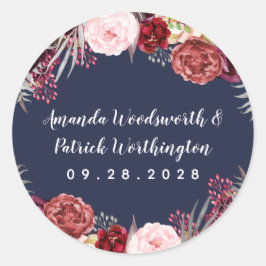 Navy Herfst Marsala Blush Roze Pioen Trouwgunst Ronde Sticker