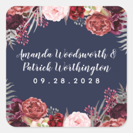 Navy Herfst Marsala Blush Roze Pioen Trouwgunst Vierkante Sticker