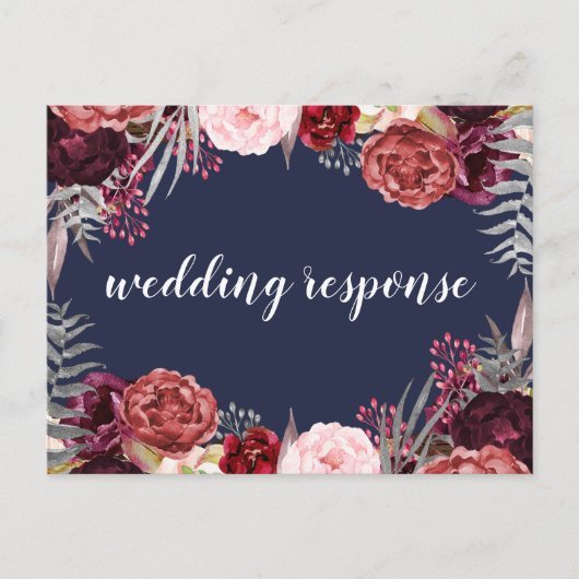 Navy Herfst Marsala Pioen Bruiloft RSVP Briefkaart (Voorkant)