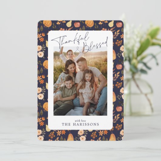 Navy herfst patterned Thanksgiving fotokaart Kaart (Staand voorkant)