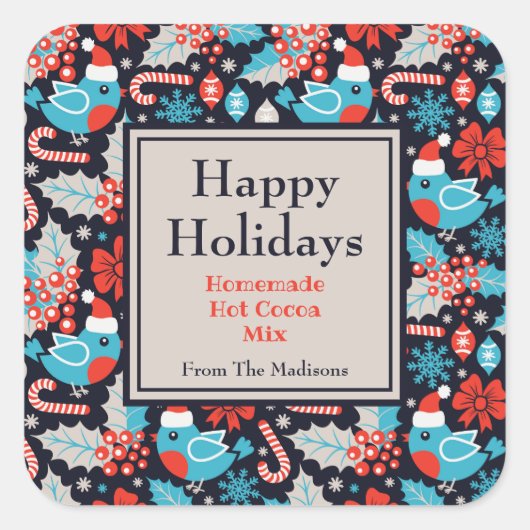Navy Holiday Birds and Holly Hot Cocoa Mix Label (Voorkant)