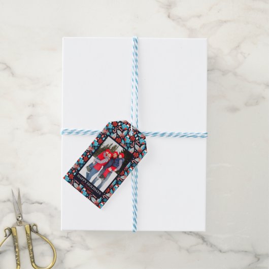 Navy Holiday Birds en Holly Foto Gift Label Cadeaulabel (Met Touw)