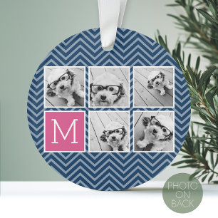Navy & Hot Pink Instagram 5 Photo Collage Monogram Ornament