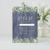 Navy Hout Eucalyptus Trouw RSVP Kaart | Rustiek (Staand voorkant)