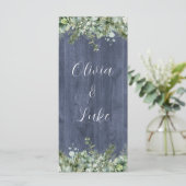 Navy Hout Eucalyptus Trouwmenu | Rustieke Bloemen Menu (Staand voorkant)