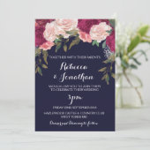 Navy huwelijksuitnodiging bordeaux roze bloemen kaart (Staand voorkant)
