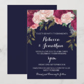Navy huwelijksuitnodiging bordeaux roze bloemen kaart (Voorkant / Achterkant)