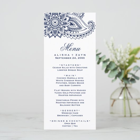 Navy Indian Paisley Dinner Menu Kaart (Staand voorkant)
