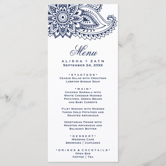 Navy Indian Paisley Dinner Menu Kaart (Voorkant)
