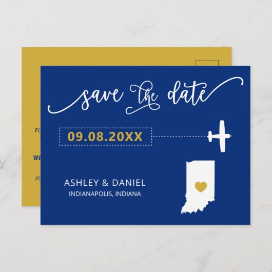 Navy Indiana Bruiloft Save the Date Map Briefkaart (Voorkant / Achterkant)