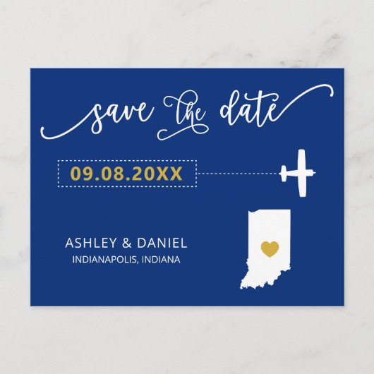 Navy Indiana Bruiloft Save the Date Map Briefkaart (Voorkant)