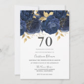 Navy Indigo Blauw & Gouden Bloem 70ste Verjaardags Kaart (Voorkant)