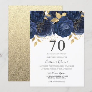 Navy Indigo Blauw & Gouden Bloem 70ste Verjaardags Kaart