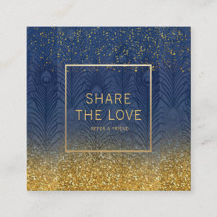 Navy Indigo Blue Feather Gold Glitter Referral Vierkante Visitekaartje