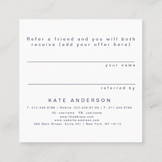 Navy Indigo Blue Feather Gold Glitter Referral Vierkante Visitekaartje (Achterkant)