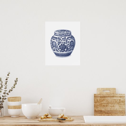 Navy Indigo Blue  Floral Ginger Jar Pattern Poster (Keuken)