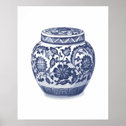 Navy Indigo Blue  Floral Ginger Jar Pattern Poster (Voorkant)