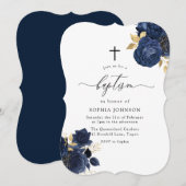 Navy Indigo Blue Floral Gold Leaf Baptisme Kaart (Voorkant / Achterkant)