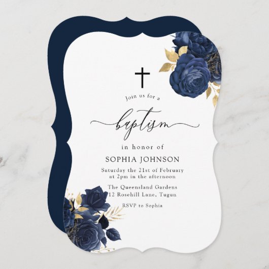 Navy Indigo Blue Floral Gold Leaf Baptisme Kaart (Voorkant / Achterkant)