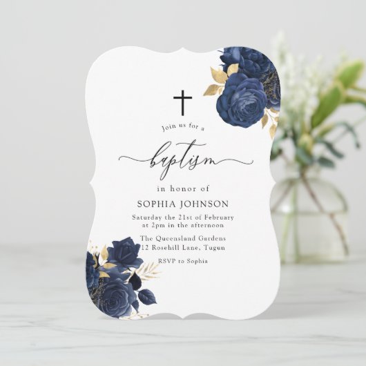 Navy Indigo Blue Floral Gold Leaf Baptisme Kaart (Staand voorkant)