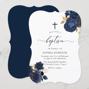 Navy Indigo Blue Floral Gold Leaf Baptisme Kaart