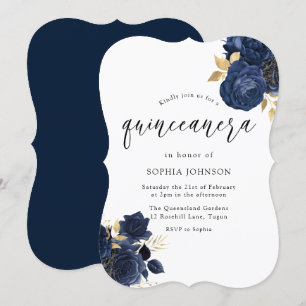 Navy Indigo Blue Floral Gold Leaf Quinceanera Kaart