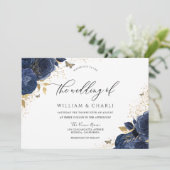 Navy Indigo Blue Flowers Butterfly Wedding Kaart (Staand voorkant)