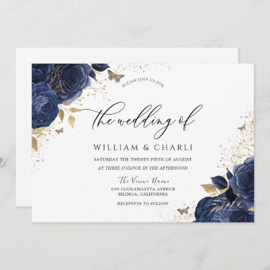Navy Indigo Blue Flowers Butterfly Wedding Kaart (Voorkant / Achterkant)