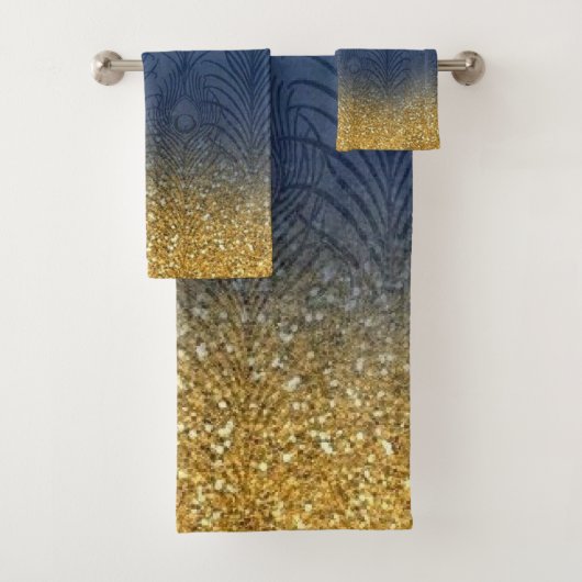 Navy Indigo Blue Glitter Gold Feather, gepersonali Bad Handdoek (Insitu)