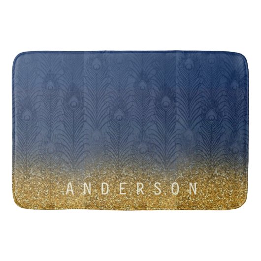 Navy Indigo Blue Glitter Gold Feather, gepersonali Badmat (Voorkant)