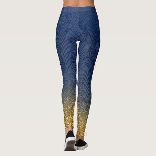 Navy Indigo Blue Glitter Gold Peacock Feather Leggings (Achterkant)