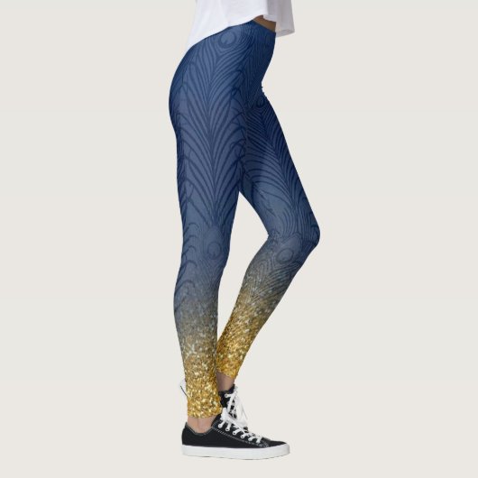 Navy Indigo Blue Glitter Gold Peacock Feather Leggings (Rechts)
