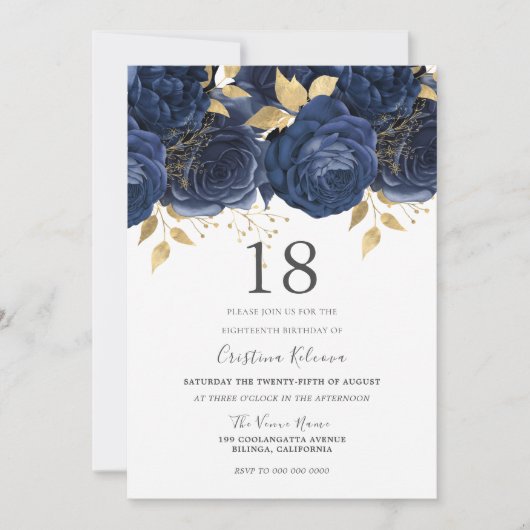 Navy Indigo Blue & Gold Floral 18th Birthday Party Kaart (Voorkant)