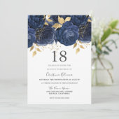 Navy Indigo Blue & Gold Floral 18th Birthday Party Kaart (Staand voorkant)