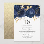 Navy Indigo Blue & Gold Floral 18th Birthday Party Kaart (Voorkant / Achterkant)