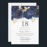 Navy Indigo Blue & Gold Floral 18th Birthday Party Kaart<br><div class="desc">Navy Indigo Blue & Gold Floral 18th Birthday Party Invitation Bekijk collectie in Niche en Nest Store</div>
