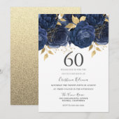 Navy Indigo Blue & Gold Floral 60th Birthday Party Kaart (Voorkant / Achterkant)