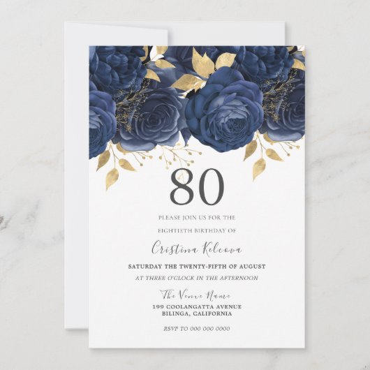Navy Indigo Blue & Gold Floral 80e verjaardag Kaart (Voorkant)